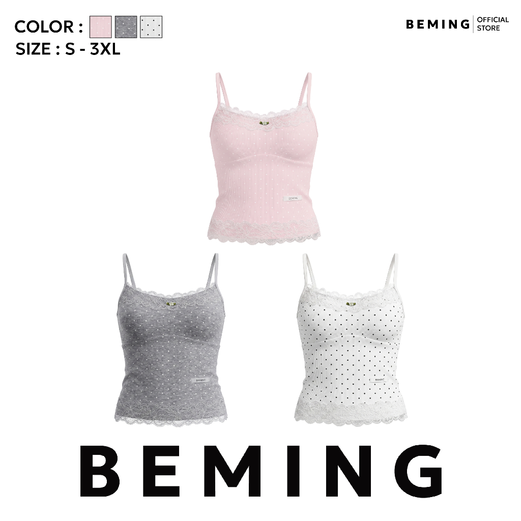 Bemingtop1215(S-3XL)-Yubi Cami Top - เสื้อสายเดี่ยวลายจุดดีเทลลูกไม้ช่วงคอและชายเสื้อ
