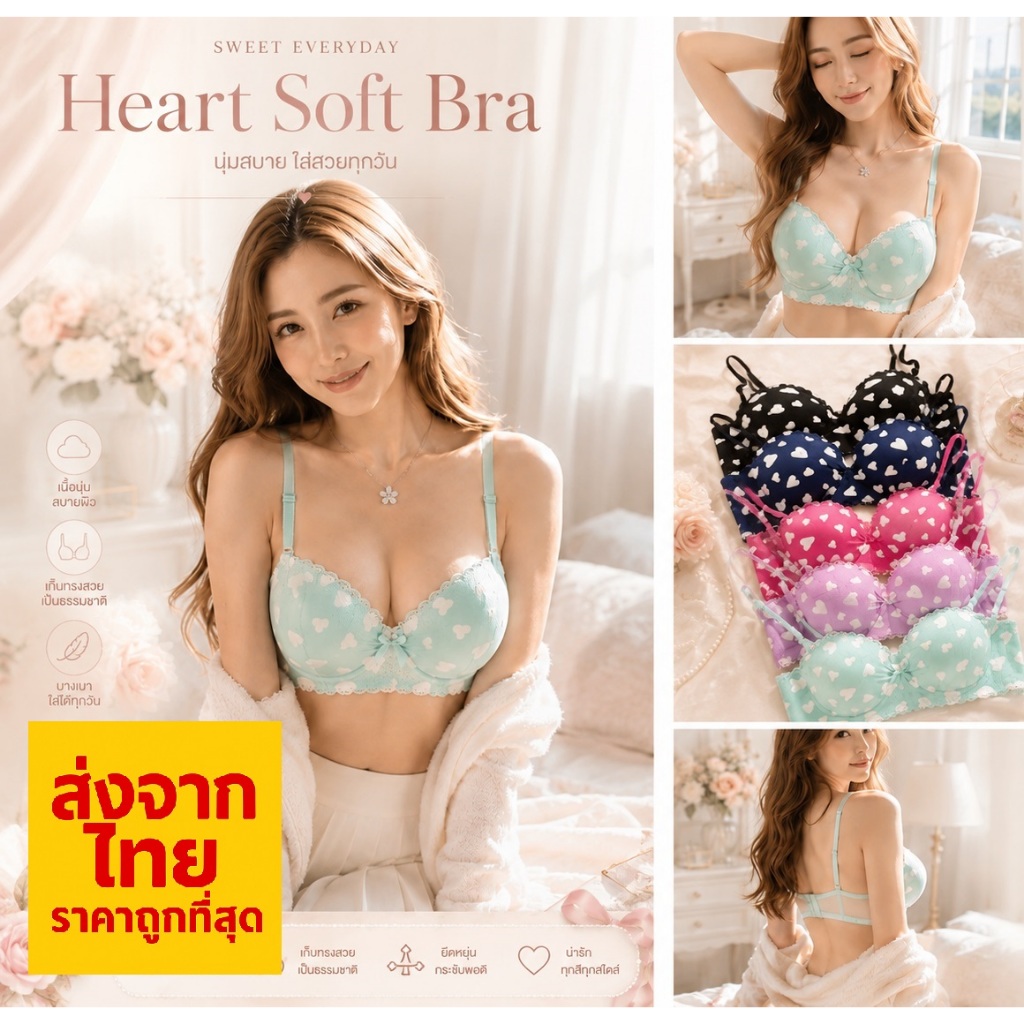 【ส่งจากไทย ถูกสุด บราลายหัวใจโทนสีพาสเทล รหัส S-7 เสริมฟอง ดันทรง ตะขอ 3ชั้นปรับได้3ระดับ ไร้โครง ใส่สบาย
