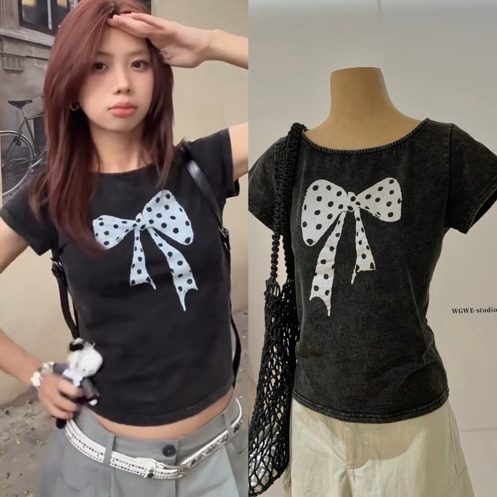 9675 เสื้อยืดสีฟอกลายโบว์สุดคิวท์ ทรงเป๊ะ ใส่แล้วผอม ✨ เสื้อยืดทรงสวยที่สายแฟต้องมีติดตู้ TAG:WG.WE