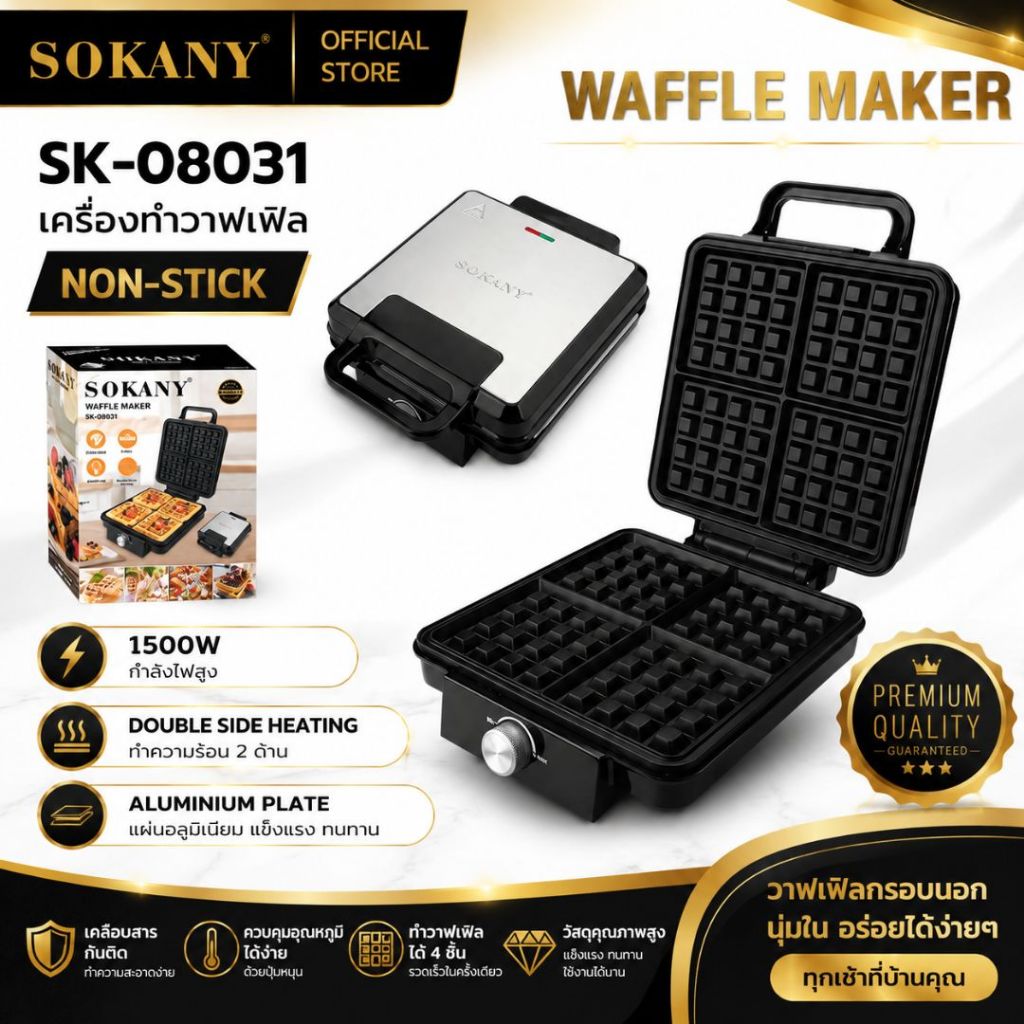 เครื่องทำวาฟเฟิล รุ่นSK-08031 WAFFLE  MAKER การควบคุมอุณหภูมิ 4 บล๊อค เตาวาฟเฟิล 1500w