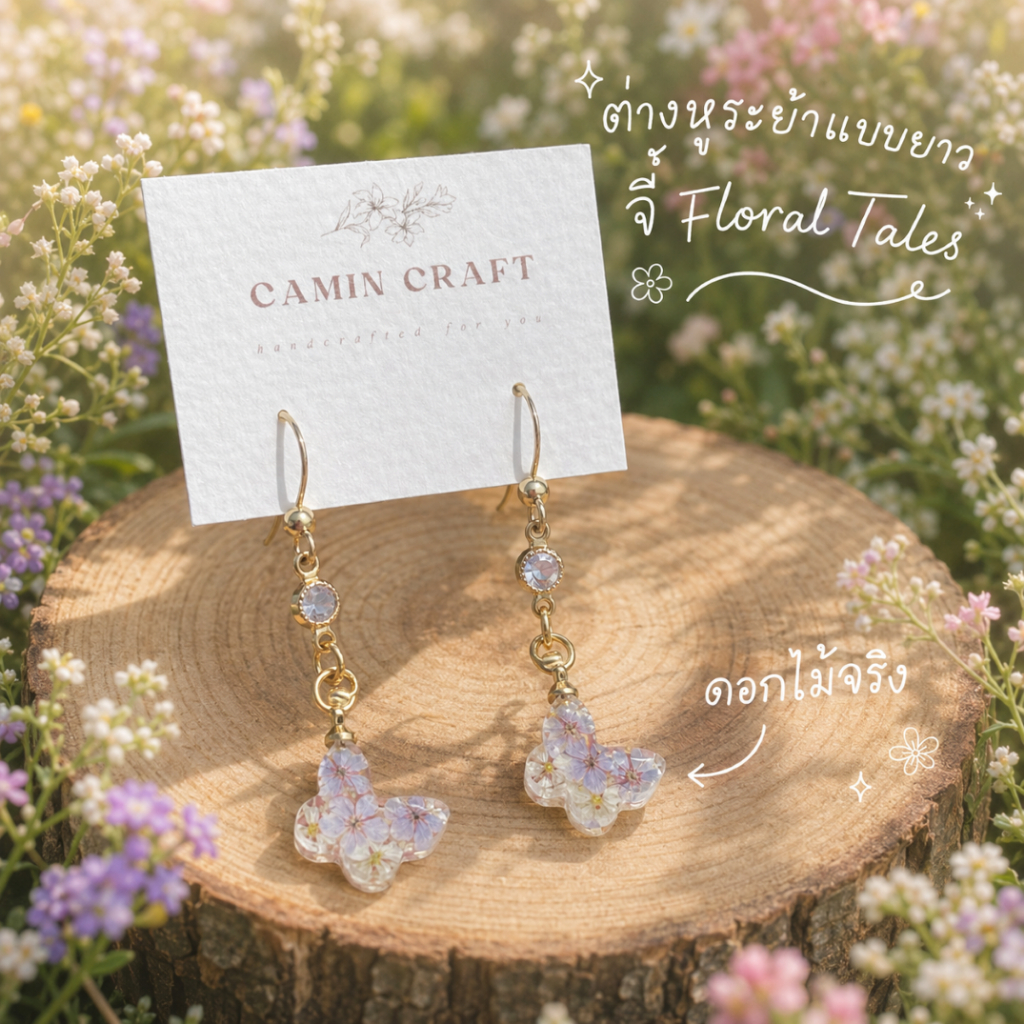 • CAMIN CRAFT • ต่างหูระย้าเรซิ่นดอกไม้ จี้ Floral Tales แบบยาว