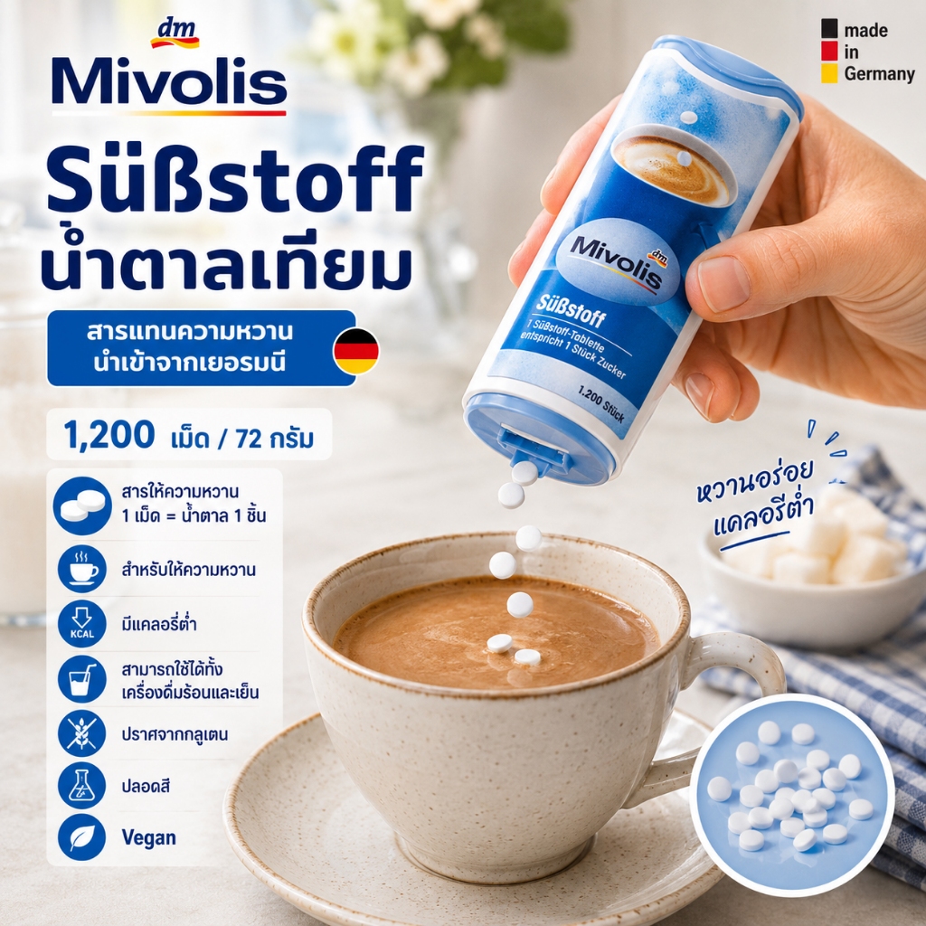 🇩🇪 ล็อตใหม่ Exp: 11/2028 🇩🇪 Mivolis Süßstoff น้ำตาลเทียม แคลอรี่ต่ำ สารให้ความหวาน 1,200 เม็ด นำเข้าจากเยอรมัน