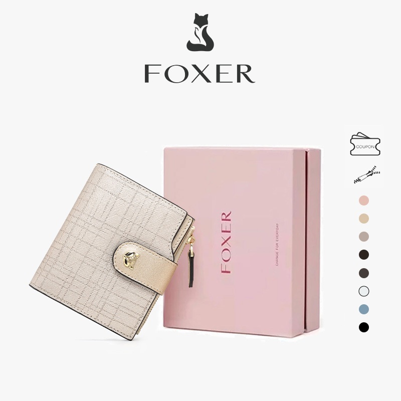 FOXER กระเป๋าสตางค์ขนาดสั้น ปิดด้วยกระดุมแป๊ก มีช่องใส่บัตรหลายช่อง และช่องใส่เหรียญแบบมีซิป