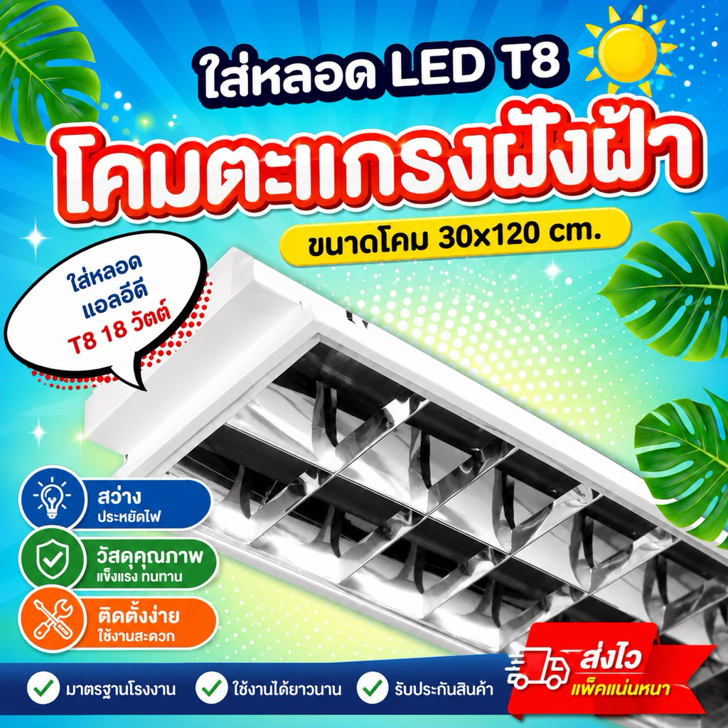 ขายดีที่สุด โคมตะแกรงฝังฝ้าLED โคมออฟฟิศ สำหรับใส่หลอด LED T8 2 หลอด ขนาด 30x120cm สำหรับหลอดแอลอีดี
