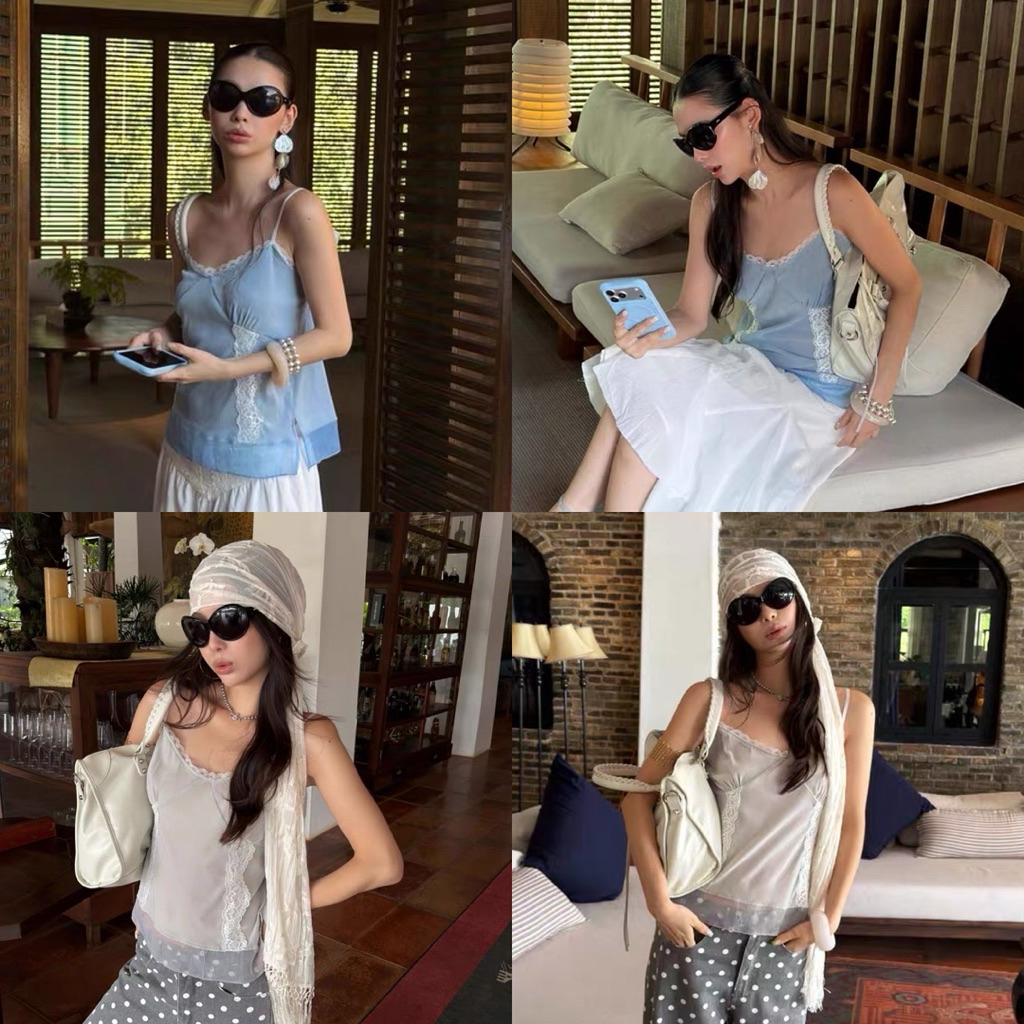 Glamorg1062-เสื้อสายเดี่ยวผ้ากำมะหยี่ เย็บแถบลูกไม้ ต่อชายผ้าชีฟอง