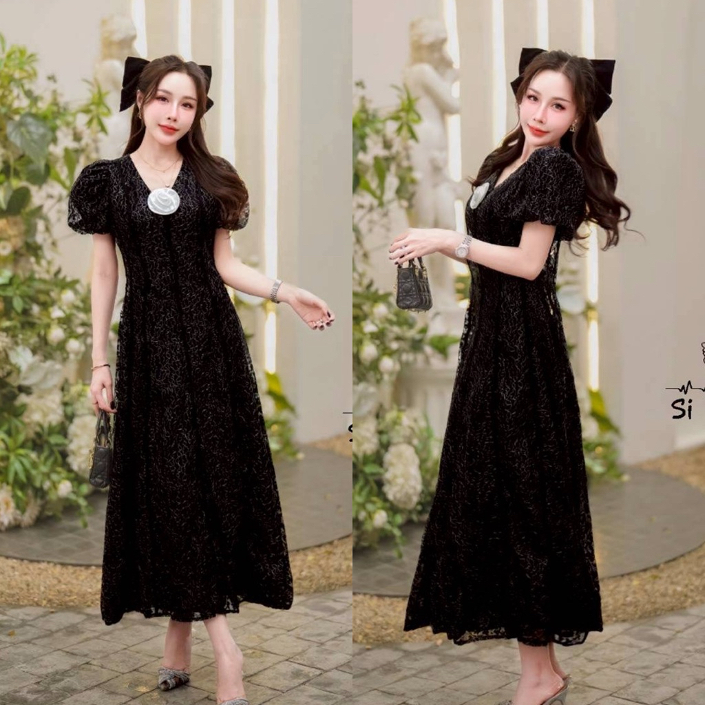 (อกวัดสุด เอว.5 ลงได้ ยาว 48“) เดรสลูกไม้ สีดำ+เข็มกลัด งานป้าย si-am