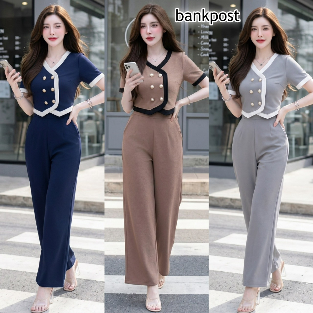 พร้อมส่ง ชุดเซตยาวทรูโทนผ้าวูลเวฟ เสื้อทรงสูทกระดุมมุกหน้า+กางเกงเอวเรียบสม็อคหลังมีกระเป๋า A5980