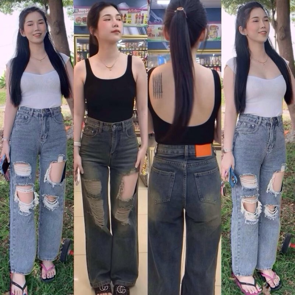กางเกงยีนส์ขากระบอกแต่งขาดเซอร์ S M L XL XXL