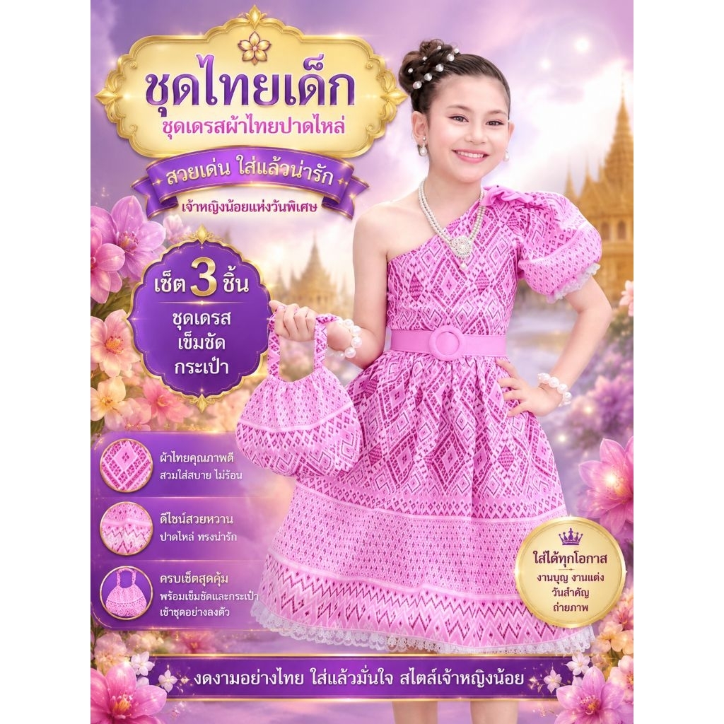 เดรสเปิดไหล่กระเป๋าเข้าเซ็ต เดรสชุดไทย  ชุดไทยเด็กสีพาสเทล  ชุดไทยเด็ห✅พร้อมส่ง(KH)