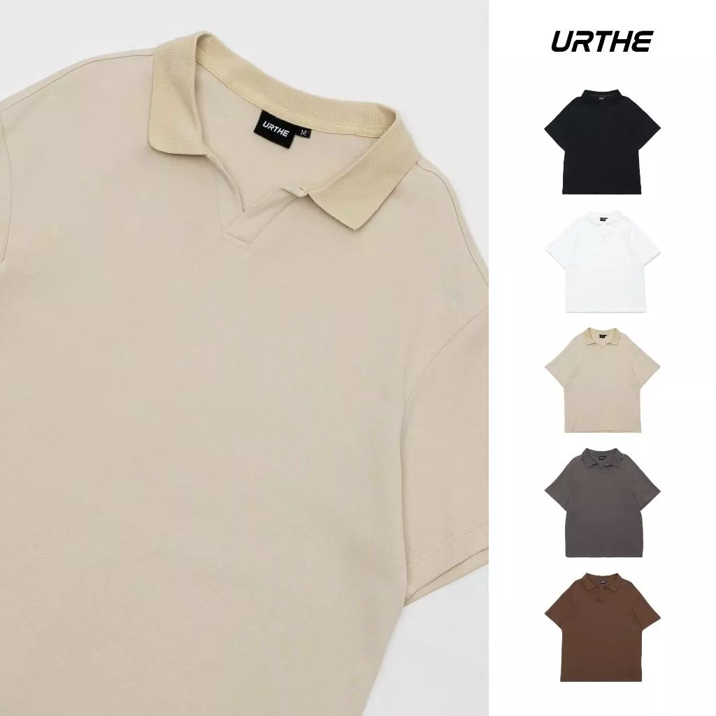 URTHE - เสื้อโปโล แขนสั้น Oversize รุ่น SLIT NECK POLO SHIRT