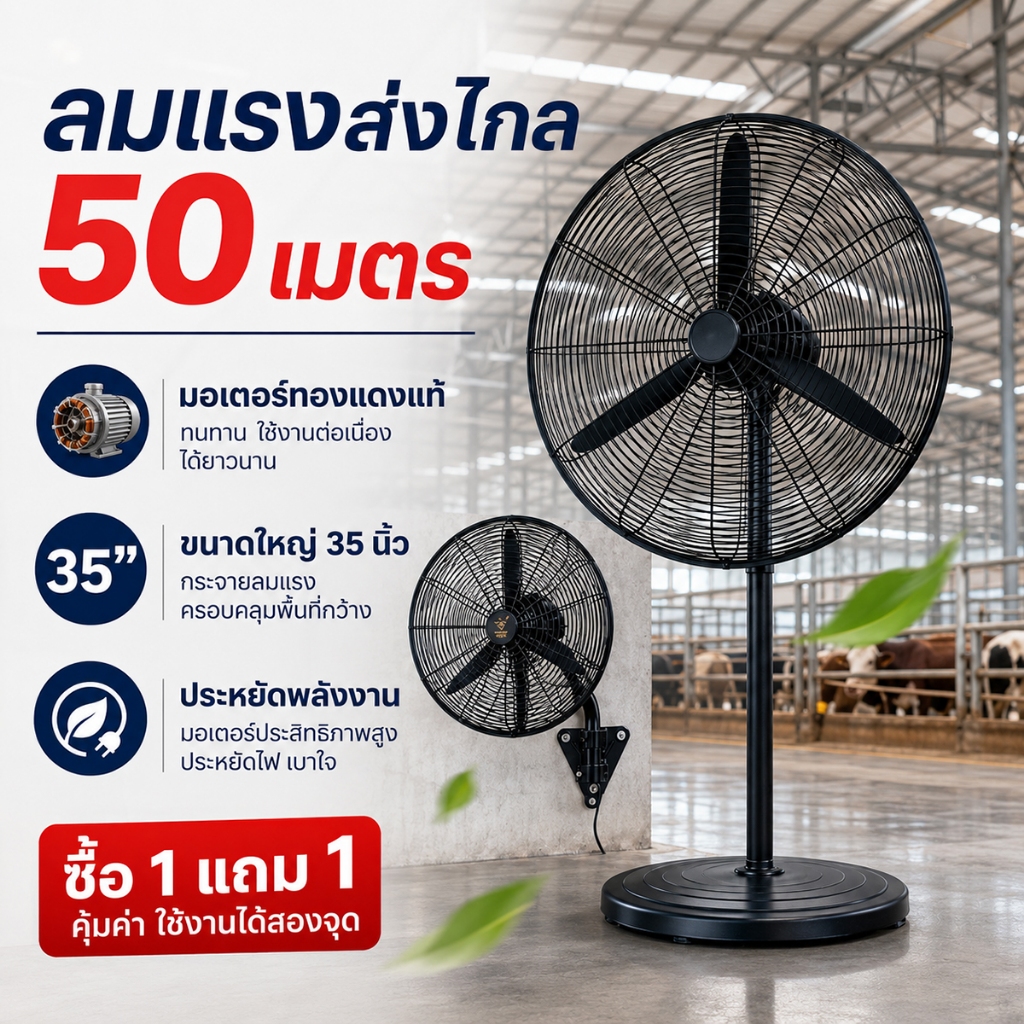 🔥ซื้อ1แถม1🔥 พัดลมอุตสาหกรรม 35 นิ้ว ลมแรง พัดลมตั้งพื้น พัดลมติดผนัง ปรับแรงลม 3 ระดับ เสียงเบา ประหยัดไฟ