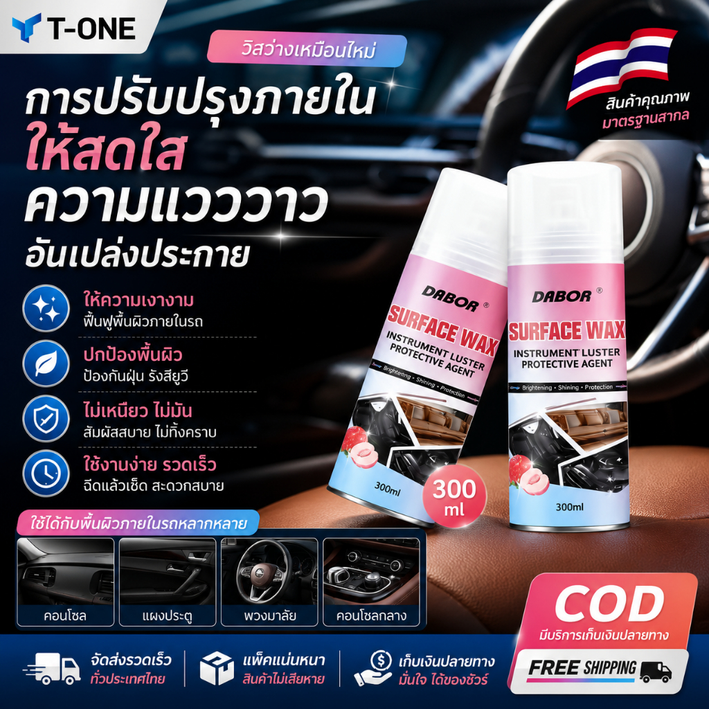 T-ONE-สเปรย์เคลือบเงารถ ปกป้องเบาะหนัง ห้องเครื่อง พลาสติก แผงหน้าปัดรถ ยางรถ Surface&Dashboard Polish Wax