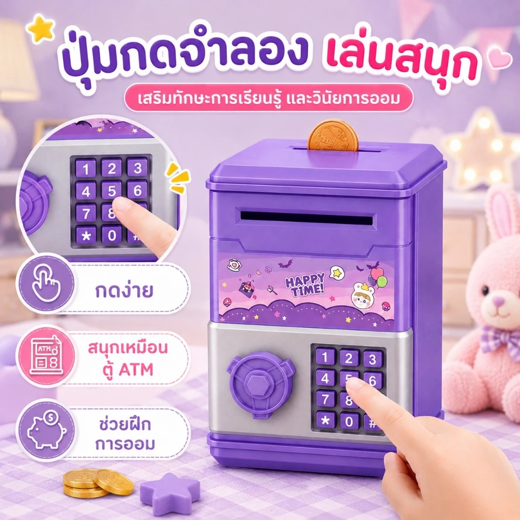 KiKi กระปุกออมสิน ATM 3 สี ใส่เหรียญธนบัตรได้ ปุ่มกดจำลอง ของขวัญเด็ก thumbnail 4
