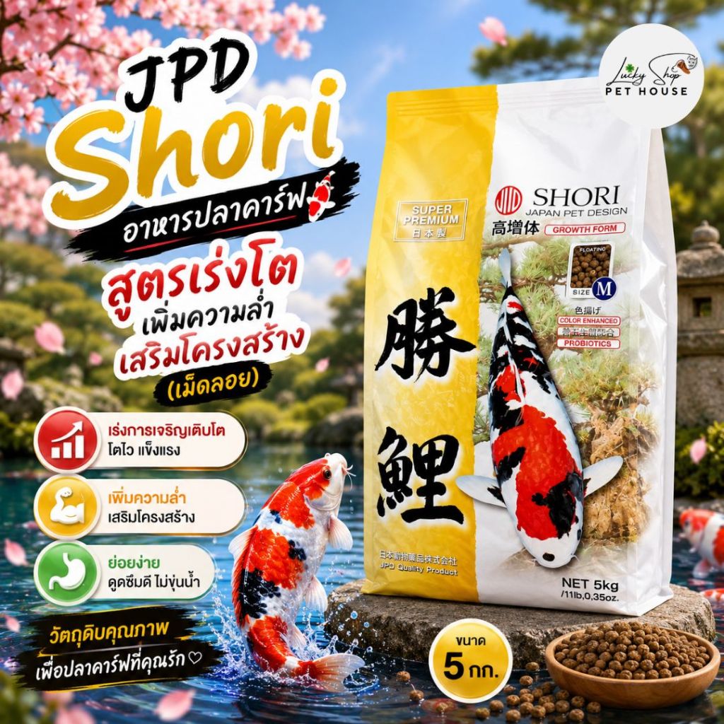 JPD SHORI อาหารปลาคาร์ฟนำเข้าญี่ปุ่น 5KG สูตรเร่งโต เพิ่มความล่ำ (เม็ดลอย)