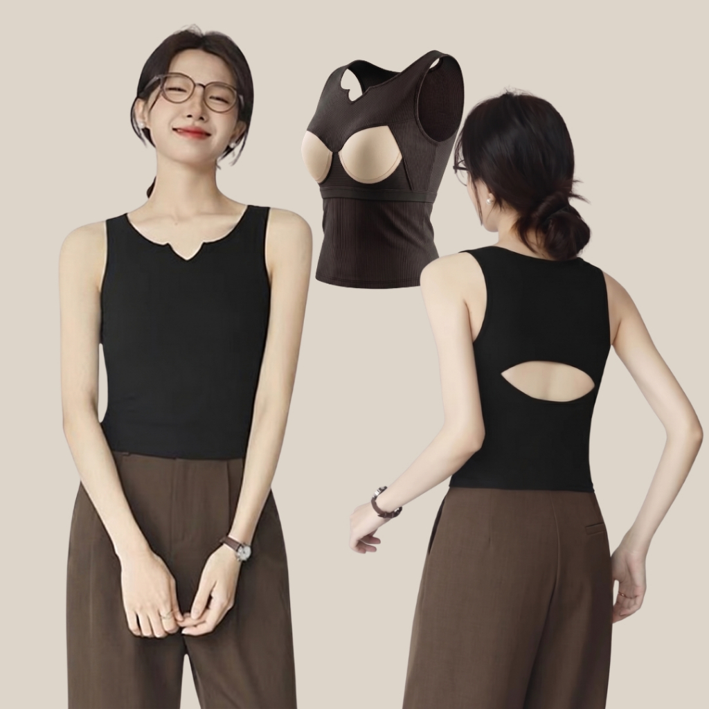 WsimpleBra | Chloe Tank Top เสื้อกล้าม เว้าหลัง ดีเทลคอวี มีบราในตัว Noชุดชั้นใน Noซิลิโคนปิดจุก