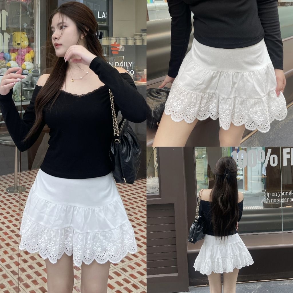 BLOOMING SKIRT กระโปรงลูกไม้สีขาว ผ้าฉลุชายระบาย