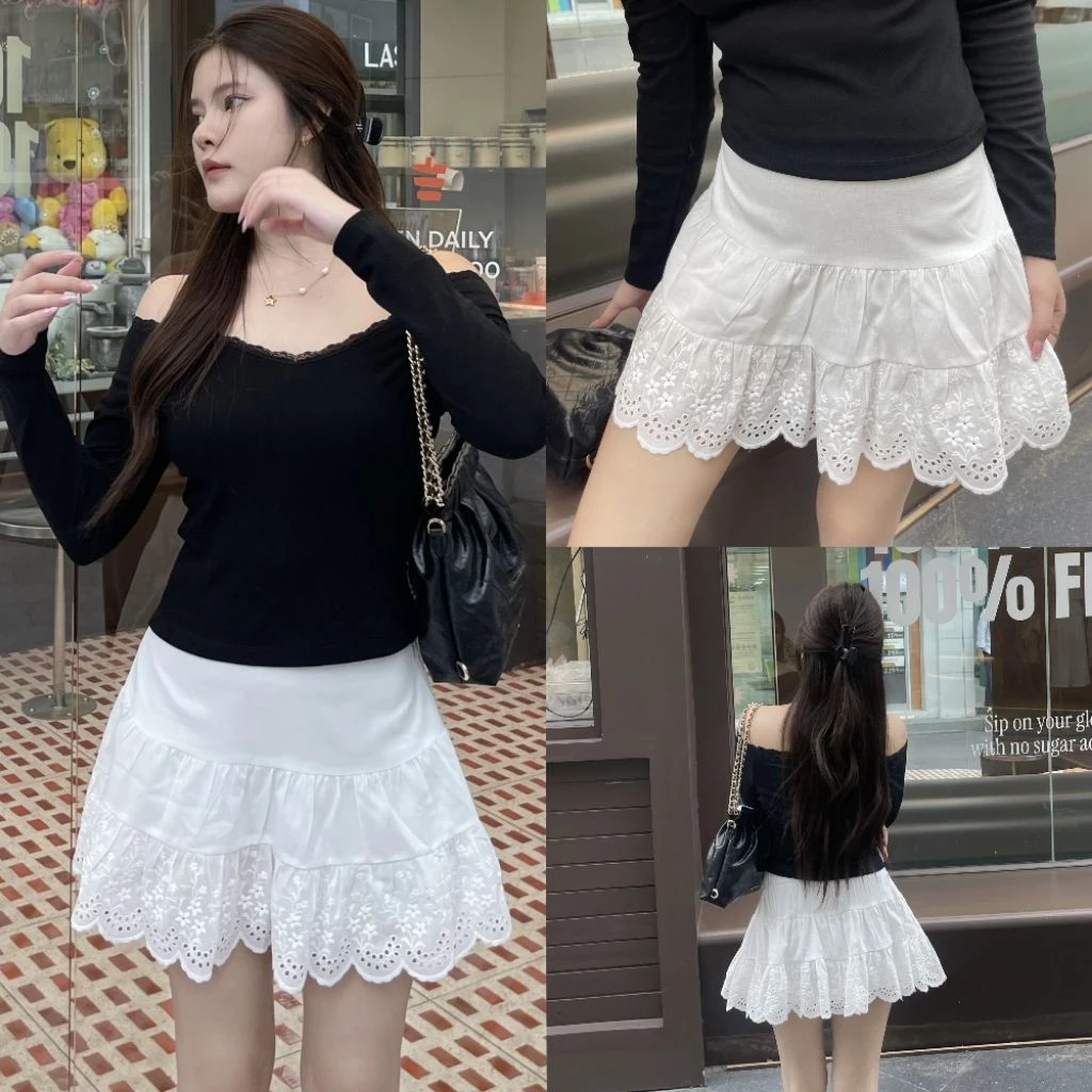 BLOOMING SKIRT กระโปรงลูกไม้สีขาว ผ้าฉลุชายระบาย