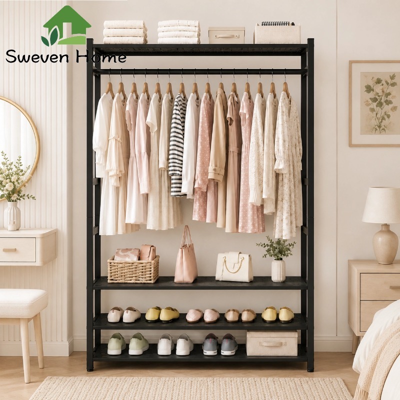 Sweven Home ราวตากผ้า ราวผ้า ตู้เสื้อผ้า เก็บเสื้อผ้าในห้อง สไตล์โมเดิร์น พร้อมชั้นวางของ สามารถประกอบเองได้ง่ายๆ