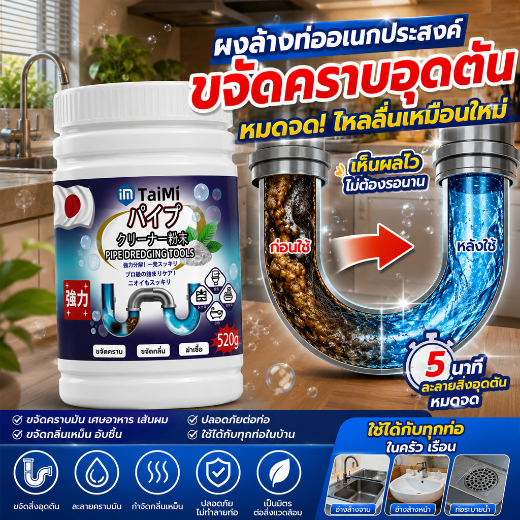 ผงล้างท่อ 520g ละลายเส้นผมคราบไขมัน ขจัดท่ออุดตันและกลิ่นเหม็น ท่อครัวท่อห้องน้ำ