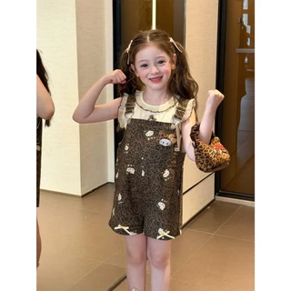 AY340 ชุดเซ็ตเด็กผู้หญิงสีครีม-น้ำตาล เสื้อกล้ามลูกไม้ + ชุดเอี๊ยมขาสั้น