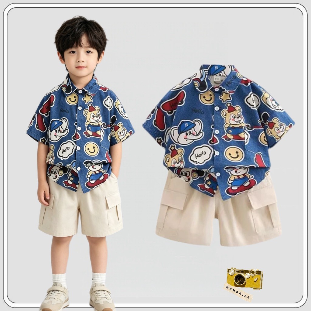 MC306  ชุดใส่ไปเที่ยวเด็กผู้ชาย เสื้อเชิ้ตแขนสั้นลายการ์ตูน กางเกงขาสั้นผ้านุ่ม