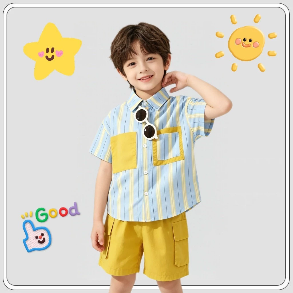 MC335 ชุดเซ็ตเด็กชายหล่อเท่ เสื้อเชิ้ตแขนสั้น กางเกงขาสั้นใส่สบาย