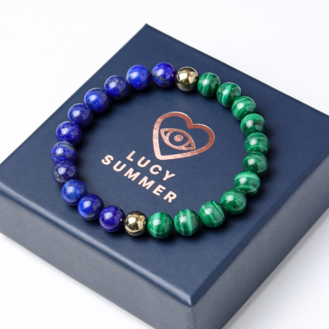 LUCYSUMMER กำไลข้อมือหินแท้  Lapislazuli, Malachite, Pyrite เกรด Premium (กำไลหินแท้ รับประกันหินแท้