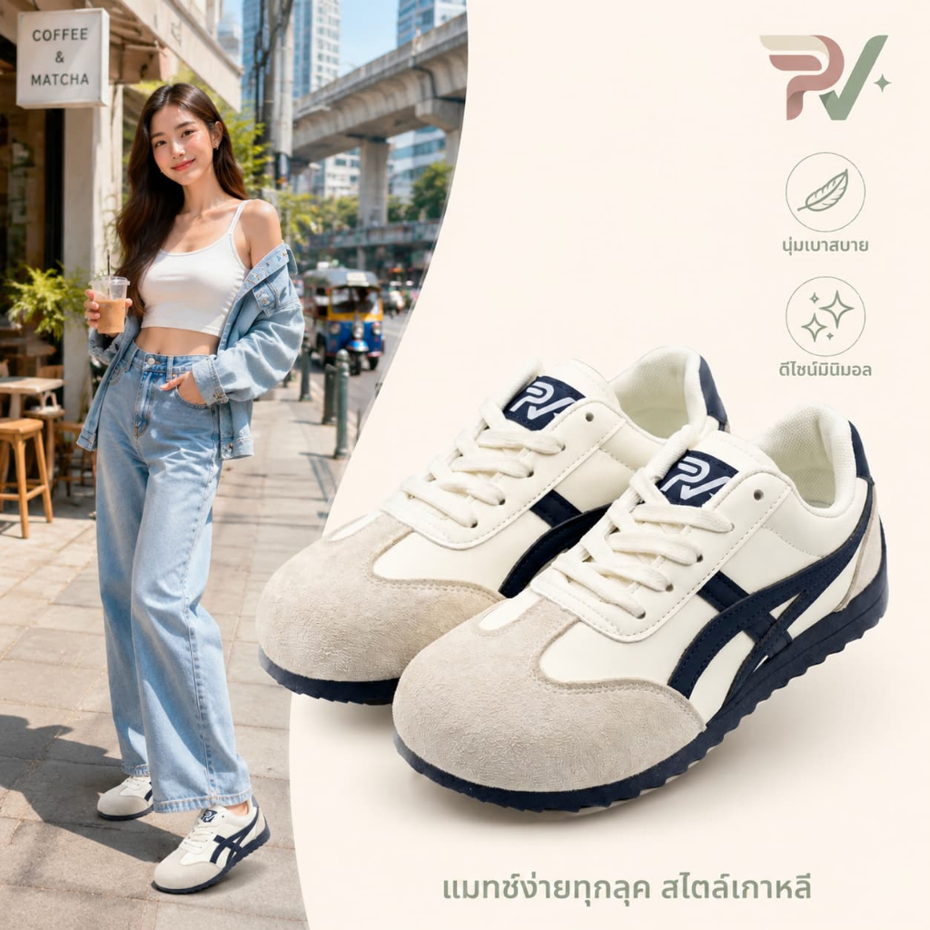 รองเท้าผ้าใบผู้หญิง RoseVida สีขาวน้ำเงิน รองเท้าลำลองผู้หญิง แฟชั่นเกาหลี ใส่สบาย พื้นนิ่ม กันลื่น พร้อมส่ง