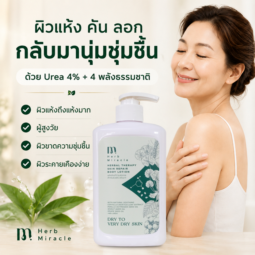 HERB MIRACLE Body Lotion 475ml โลชั่นสำหรับผิวแห้งถึงแห้งมาก Urea 4% ผิวแห้งคัน ผิวลอก ชุ่มชื้นยาวนาน
