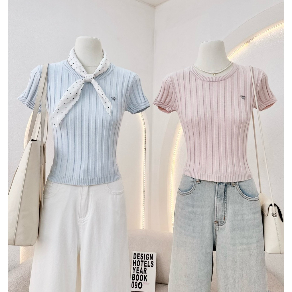 WA YA เสื้อครอปไหมพรมเข้ารูปคอกลมผ้าร่องใหญ่