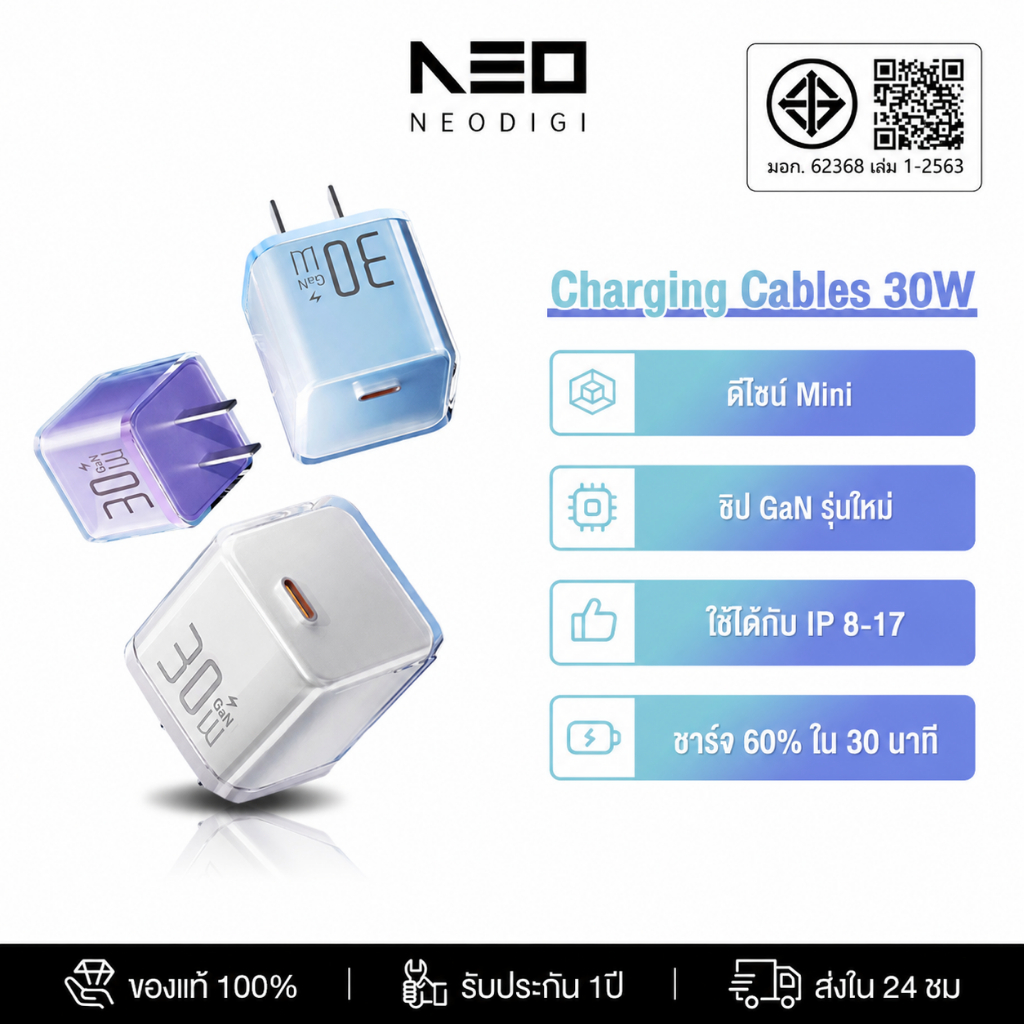 [for iP16/15/Sam] NEODIGI Charger PD 20W/30W/45W GaN PPS ชุดหัวชาร์จและสายชาร์จ USB-C ชาร์จเร็ว ชาร์จเร็ว