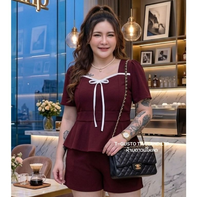 C20 ชุดเซตผ้าวูลเวฟ เสื้อคอเหลี่ยมผูกโบว์ ขาสั้น สาวอวบ