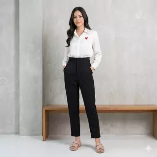 กางเกงขายาวผู้หญิง 7 ส่วนกระดุมคู่เอวสูง (ผ้าฮานาโกะ) (S-4XL)