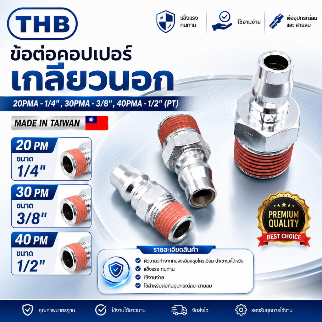 THB ข้อต่อคอปเปอร์เกลียวนอก 20PMA -1/4′′ , 30PMA -3/8" , 40PMA -1/2" (PT) MADE IN TAIWAN (STANDARD Q