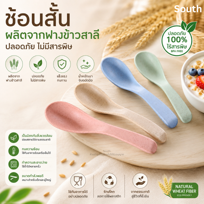 ช้อน ช้อนตักซุป ช้อนสั้น ผลิตจากฟางข้าวสาลี ปลอดภัยไม่มีสารพิษ