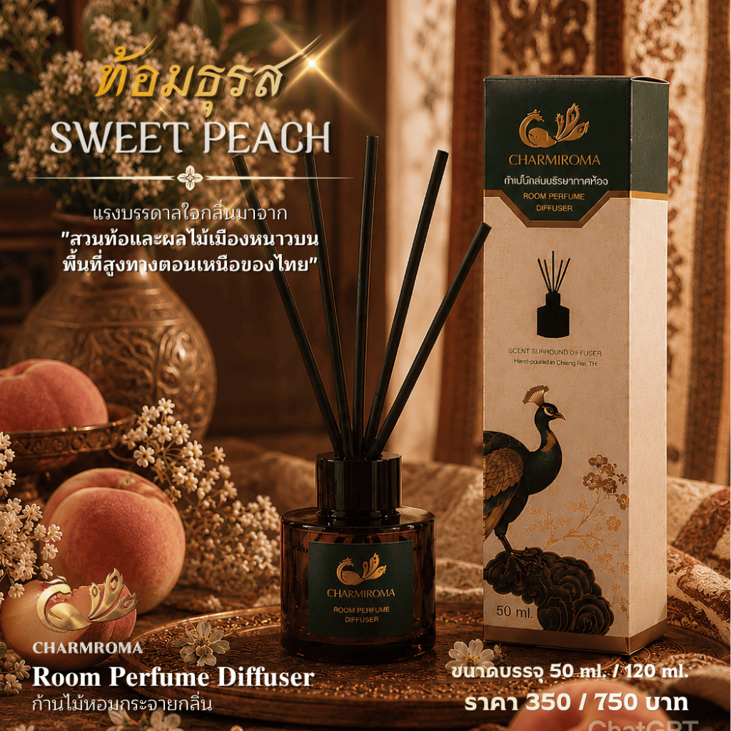 ท้อมธุรส SWEET PEACH | ก้านไม้หอมกระจายกลิ่น Room Perfume Diffuser | ชาร์มโรม่า CHARMROMA