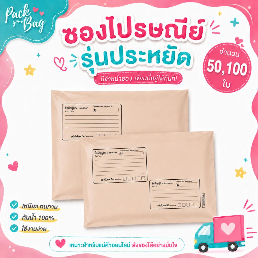 ซองไปรณีย์พลาสติก สีชานม [ทึบแสงไม่เห็นสินค้าด้านใน] รุ่นเซฟเวอร์ มีจ่าหน้าซอง 50,100 ใบ