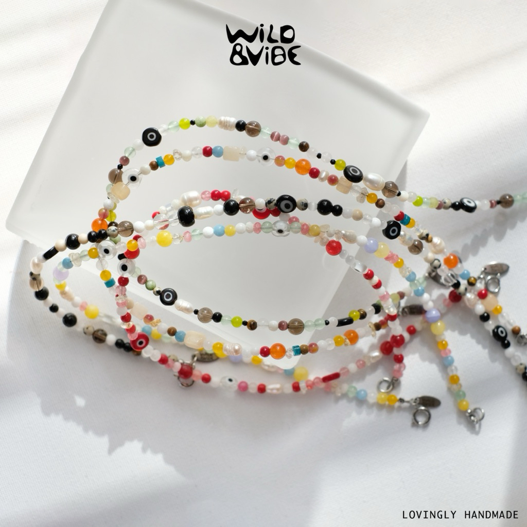 สร้อยคอหินธรรมชาติ Rainbow Lucky Charm Necklace ✨ หินธรรมชาติหลากสี พร้อมลูกปัดตาปีศาจ (Evil Eye) | งานแฮนด์เมด