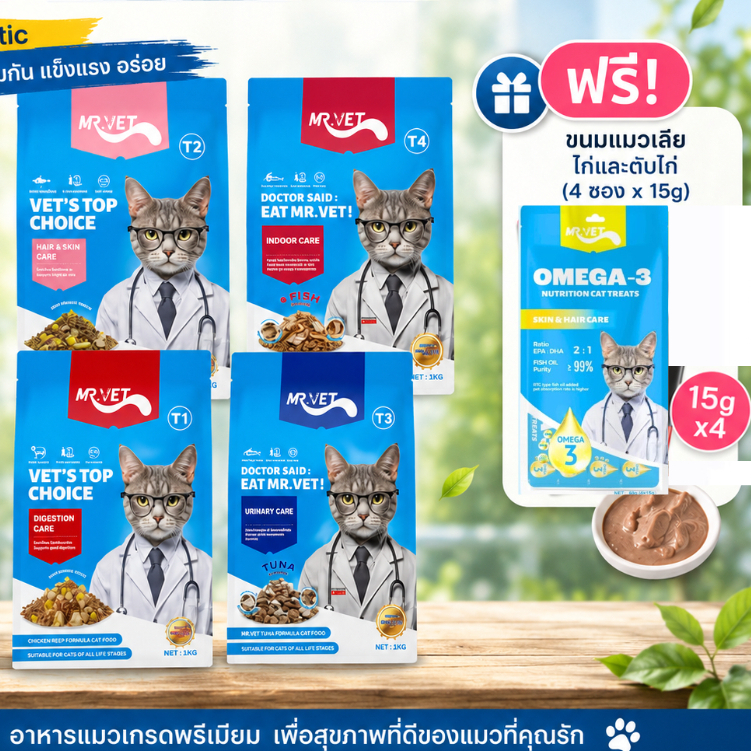 [ฟรีแมวเลีย] MR.VET มิสเตอร์เวท อาหารแมว Holistic 1kg อาหารแมวโฮลิสติก บำรุงขน ไตแข็งแรง ขนาด 1 kg