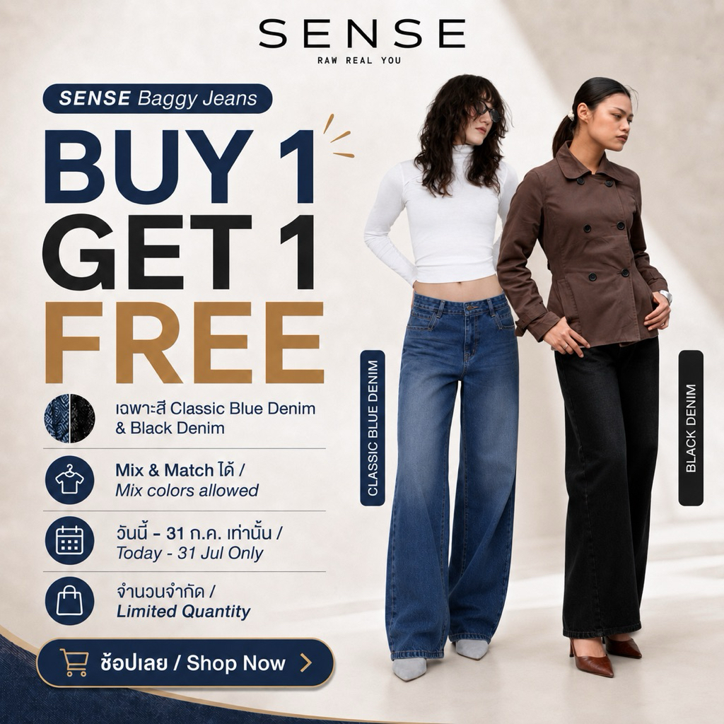 [Buy 1 Get 1 Free] SENSE Baggy Jeans – Classic Blue / Black Only