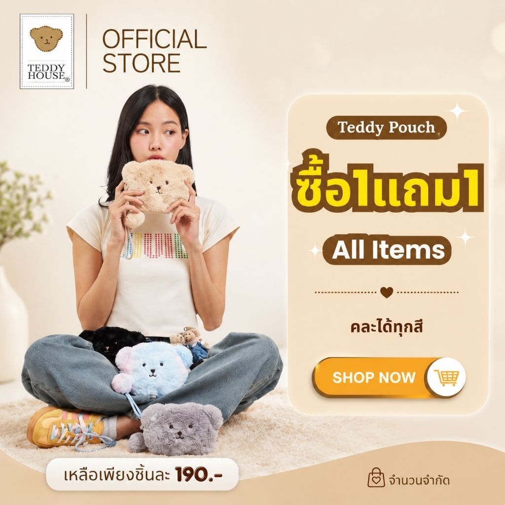 Teddy House : Fluffy Pouch with Hand Strap กระเป๋าหน้าหมี ใส่เหรียญคล้องมือ ผ้าขนนิ่ม อเนกประสงค์