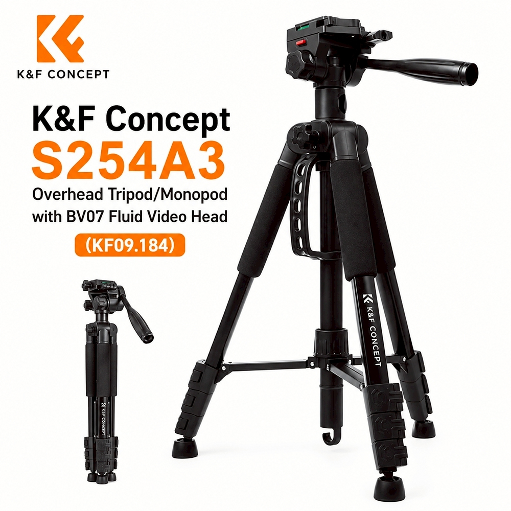 ขาตั้งกล้อง K&F Tripod, KF09.184, S254A3+BV07 Fluid Head, Overhead Tripod, Monopod, Top View Tripod,