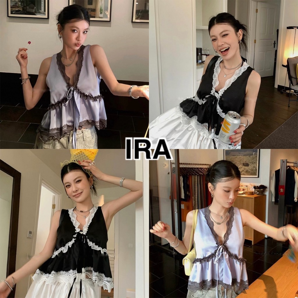 BY IRA (2026-163) Terria Top เสื้อซาตินพรีเมี่ยมคอวี เเต่งลูกไม้ผ้าซาตินเนื้อดีผูกโบว์หน้างาน