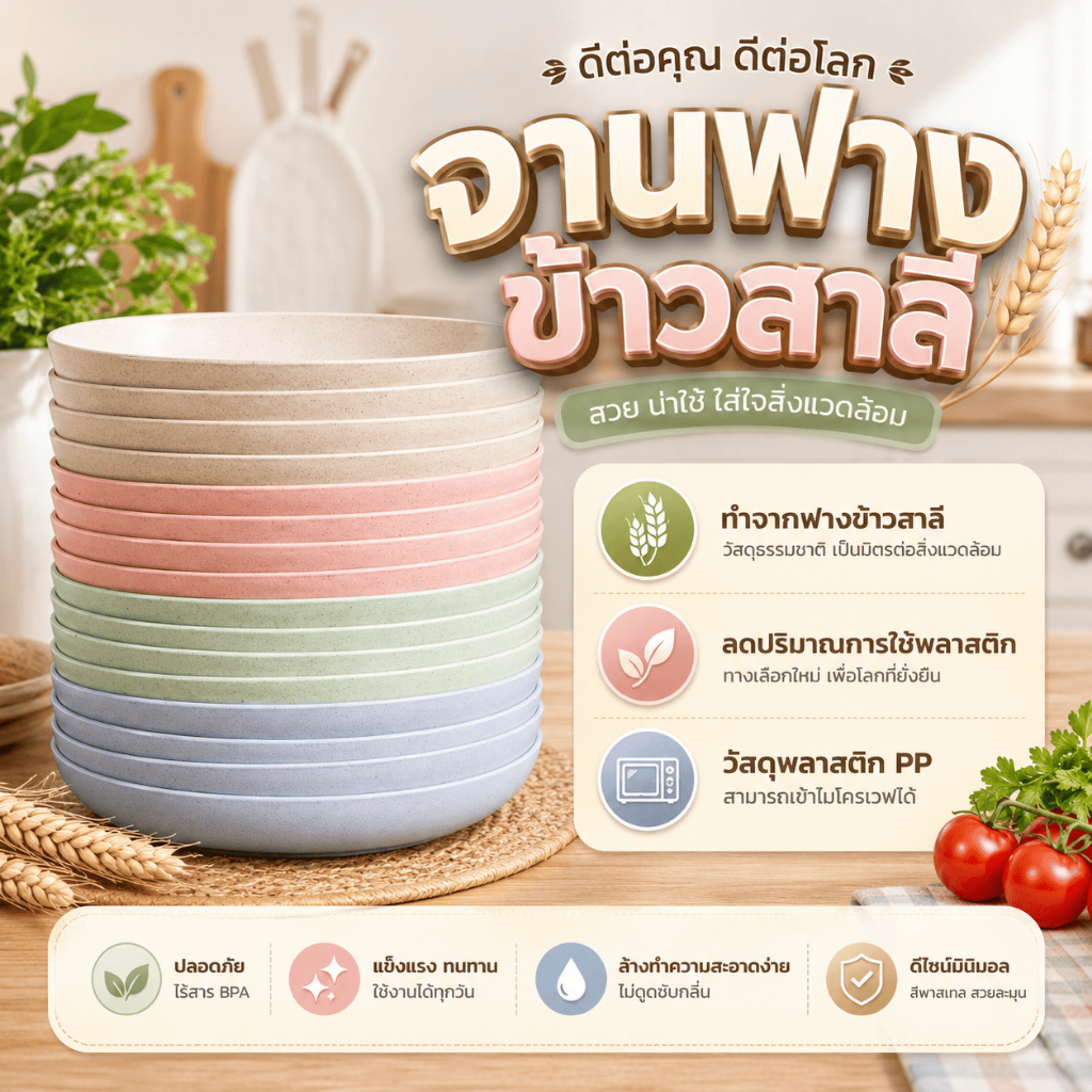 จาน จานกลม จานก้นลึก ถ้วย ขนาด15-25cm จานข้าวฟางข้าวสาลี จานรักโลก สวย ปลอดภัย สไตล์มินิมอล