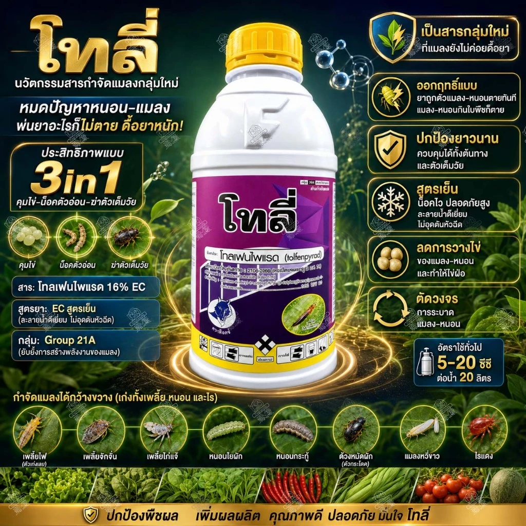 โทลเฟนไพแรด 16% EC โทลี่ 500cc และ 1 ลิตร ใช้แบบ ฮาชิ ฮาชิ กำจัดหนอนใยผัก ด้วงหมัด เพลี้ยไฟ ไรแดง
