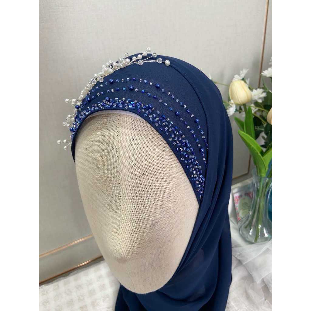 ผ้าพันชีฟองปักมุกช่วงหน้า 35 ซม.✨ลายใหม่ สีกรม สีเบจกากี สีชมพูอ่อน
