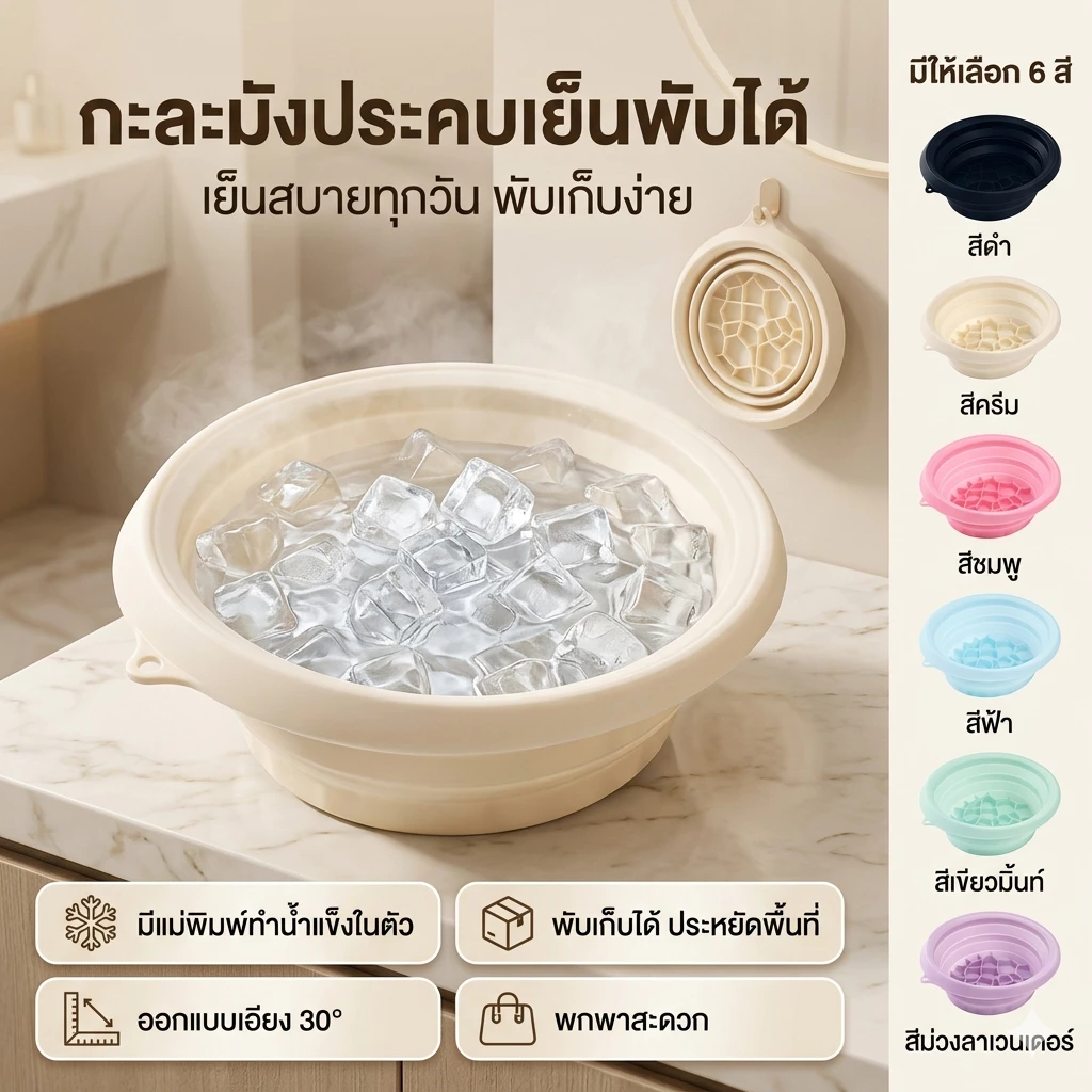 อ่างล้างหน้าพร้อมแม่พิมพ์น้ำแข็งในตัว Face Ice Bath พับเก็บง่าย น้ำหนักเบา เหมาะสำหรับดูแลผิวหน้า มี 6 สี