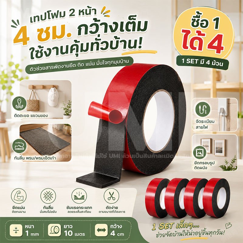 UMI [ซื้อ1แถม4] เทปโฟม 3M เทปกาวสองหน้า ยาว10เมตร กันน้ำ ไม่ทิ้งรอย ติดแน่น ใช้งานง่าย ใช้ได้กับทุกพื้นผิว