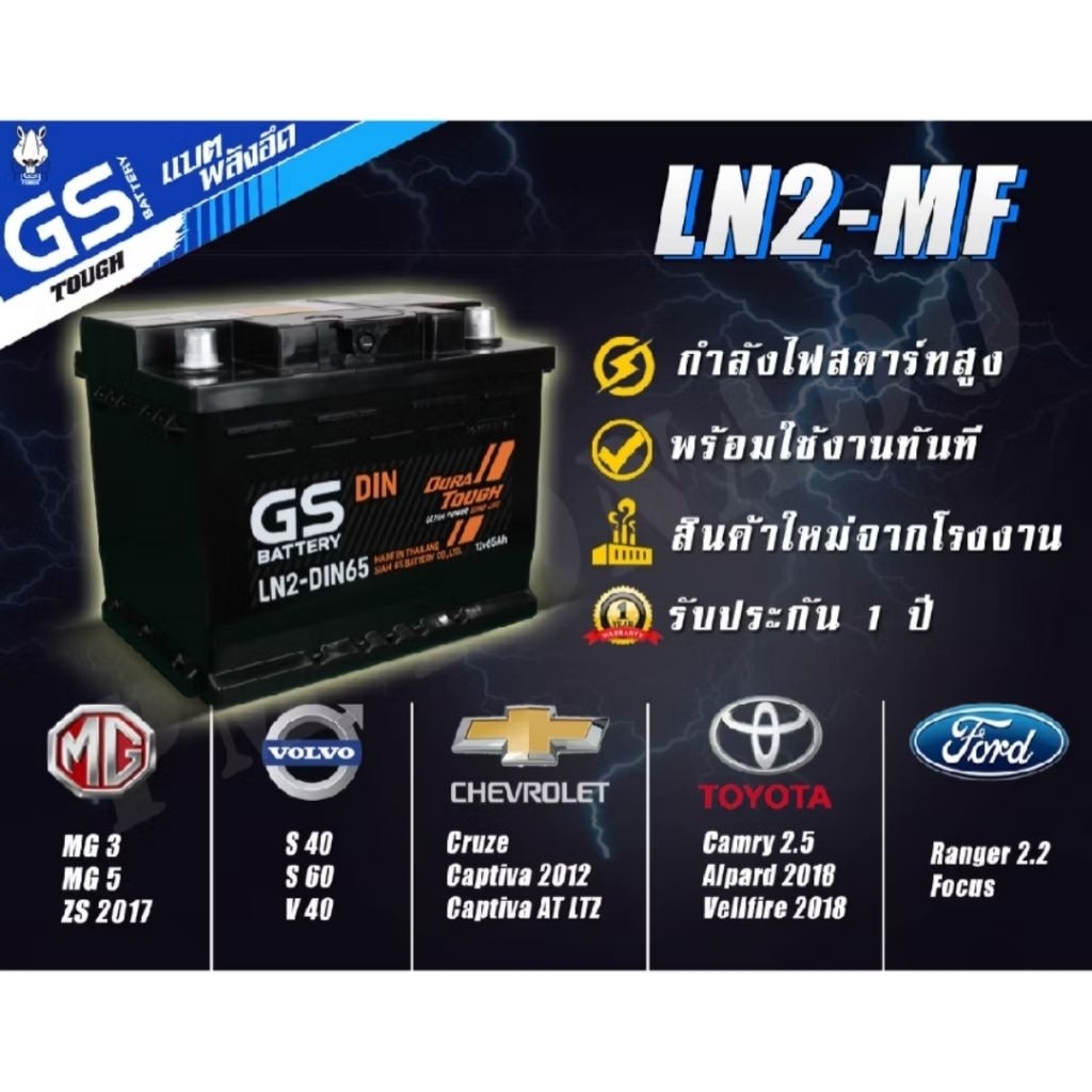 GS LN2 -DIN65 แบตเตอรี่รถยนต์ 12V 65Ah ขั้วจม