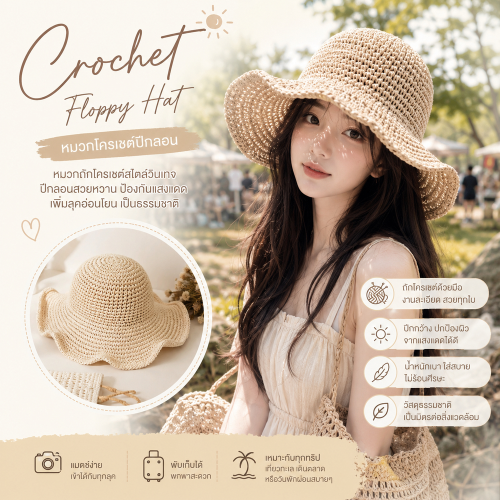 T006 หมวกสาน หมวกบัคเก็ต หมวกปีกกว้าง พับเก็บได้ สไตล์ญี่ปุ่น กันแดด กันลม เที่ยวทะเล Net idol